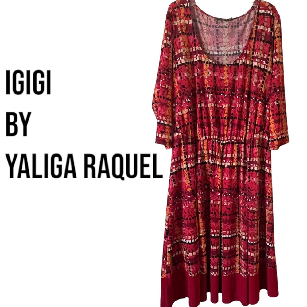 Igigi MULTI COLOR KNEE LENGTH DRESS Size 12 RED BLACK PINK ORANGE TAN BEIGE EUC
